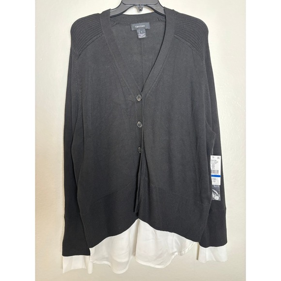 NWT Karen Kane Sweater Cardigan Cashmere Blend Black w/ White Shirt Hem X-Large - Picture 2 of 6